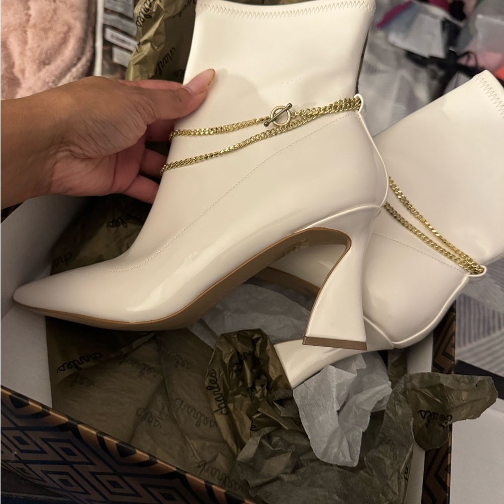 adidas White Heeled Boots with Gold Chain